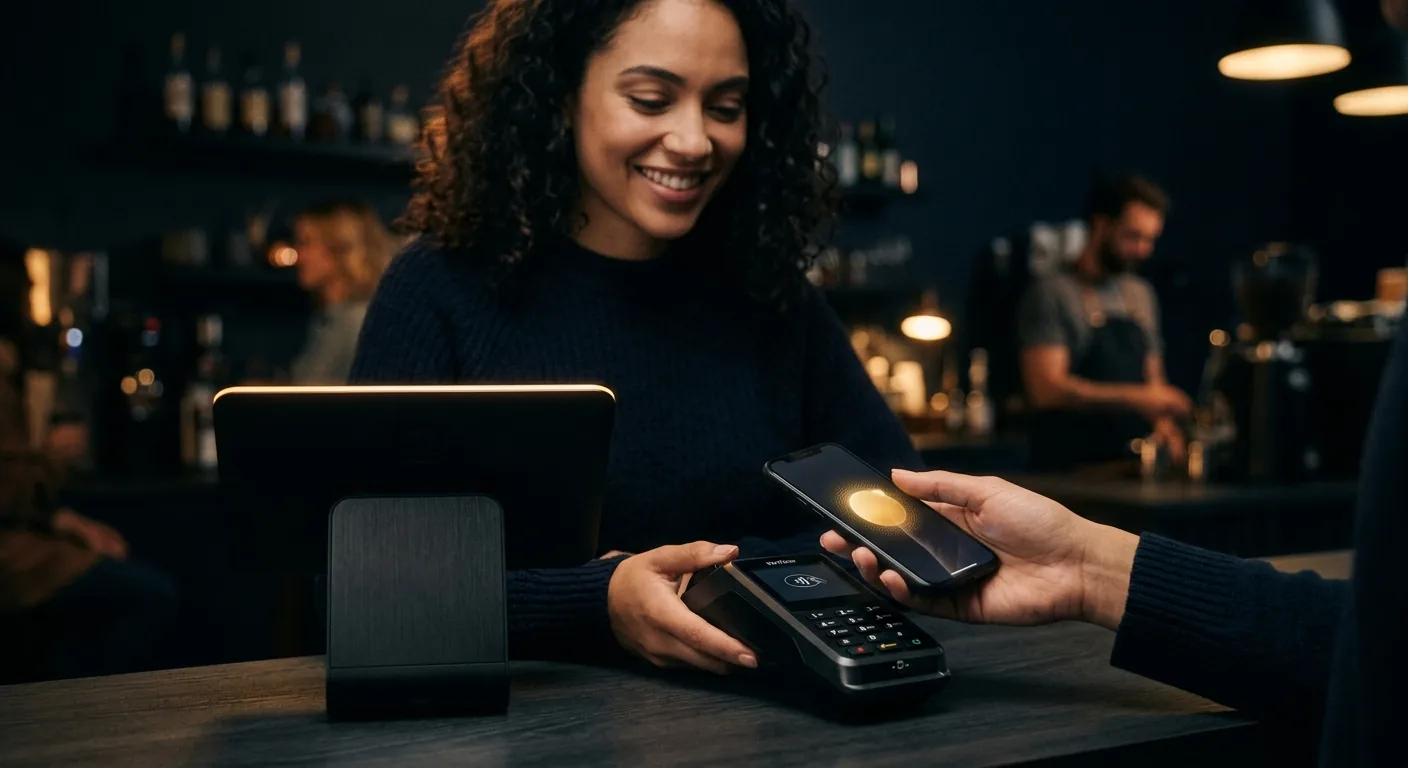 Customer earning a reward at checkout — KatronAi terminal with rewards on phone